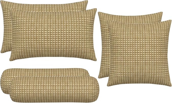 RSH DECOR Set of 6 Outdoor Pillow, Outdoor Pillows for Patio, Pillows w/Polyester Pillow Cases | Water & Fade Resistant Fabric | 17" Square, 20x12 Lumbar, 20x6 Neck Roll - Future Mineral