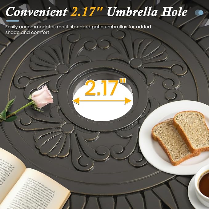 Patio Dining Table,Cast Aluminum Patio Tables with Umbrella Hole, Outdoor Bistro Table for Backyard, Garden, Patio (30" Round Table)