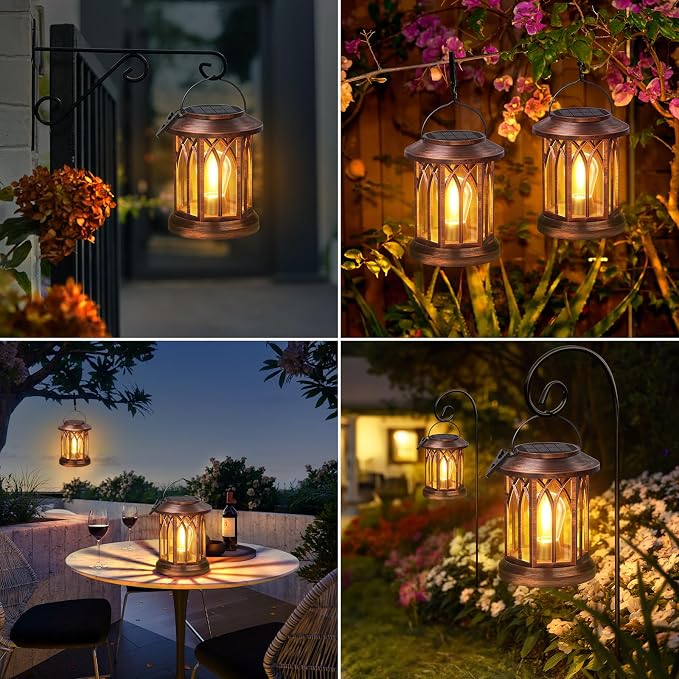 Solar Lanterns Outdoor Waterproof Lights 2 Pack, Built-in Hook Bright Lanterns Outdoor Light with Clip Garden Decor, Hanging Solar Lights for Yard Patio Front Porch Table Decoration (Copper)