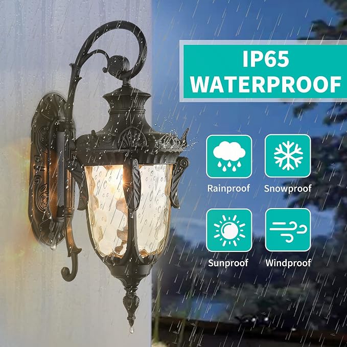 20.47" Outdoor Wall Light Fixture Black Exterior Wall Lantern | Outside Waterproof Sconce Rustic Porch Lights Wall Mount with Hammered Glass Shade for House