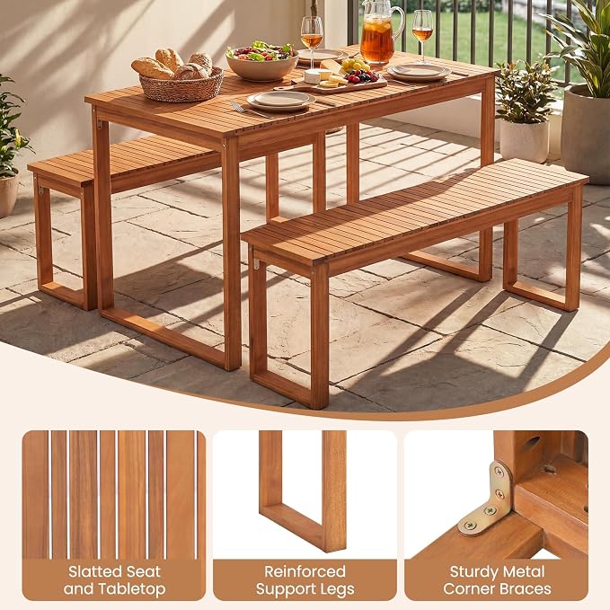 HAPPYGRILL 3 Pieces Acacia Wood Patio Dining Set, Outdoor Table with 2 Benches for 4 People, Wooden Dining Furniture Set for Yard, Garden, Porch