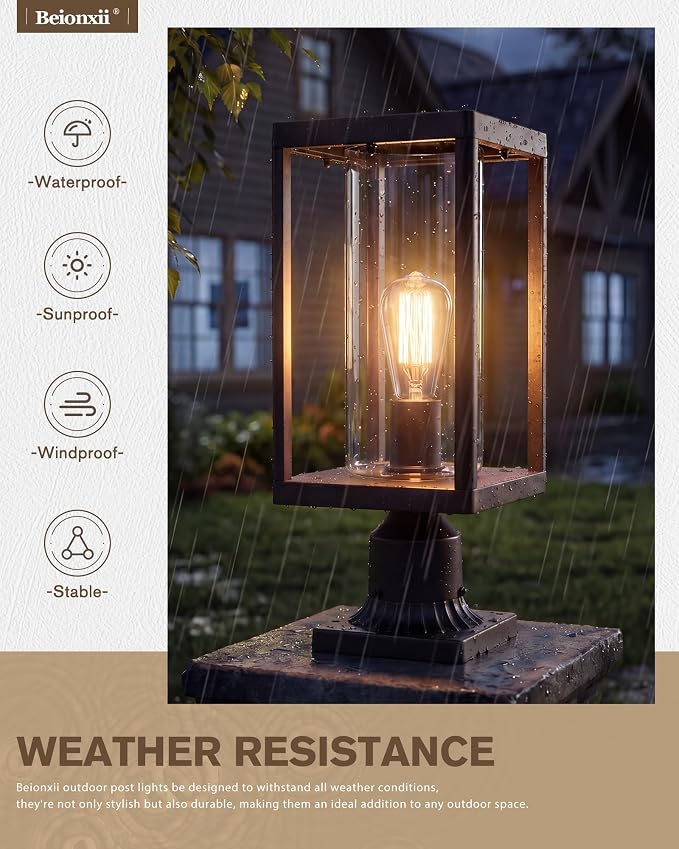 Beionxii Outdoor Post Lights, 20In Post Lantern with Pier Mount Base,Bronze | Hardwired 120V, Aluminum Exterior Lamp Post Light Fixture with Glass, Waterproof Fence Post Deck Lighting, BXA291-P-2PK-ORB