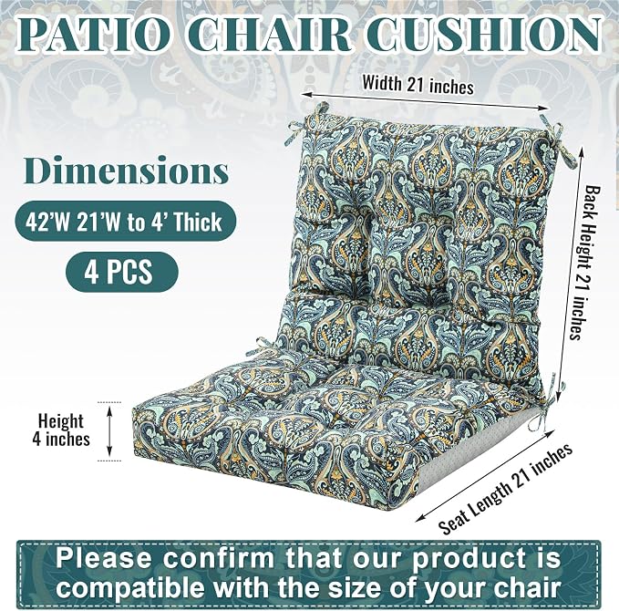 Marsui 4 Pcs Outdoor Indoor High Back Chair Cushions Patio Furniture Tufted Pillow with Ties Water-Resistant Replacement Outdoor Rocking Chair Cushions, 42 x 21 Inches (Blue,Paisley)