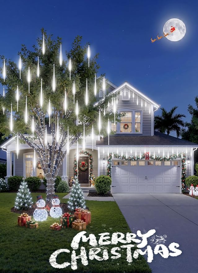 Brightown Christmas Lights Outdoor, 16 Inch 10 Tube 360 LED Icicle Lights | Connectable Meteor Shower Light Outdoor, Hanging Falling Rain Light for Tree Outside Holiday Xmas Decoration, White