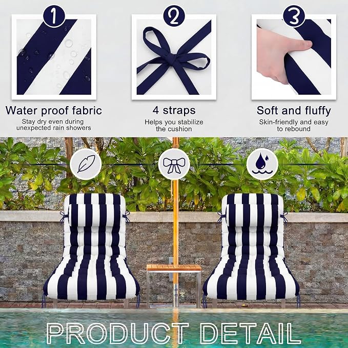 Tudomro Outdoor Chaise Lounge Cushion 66x21x4'' Waterproof & Fade-Resistant Patio Pool Chaise Lounge Cushion Headrest Pillow Tie Replacement Rocking High Back Chair(Navy Blue, White Stripe,1 Pcs)