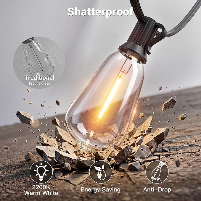 Ollny Outdoor String Lights 66FT, Shatterproof Connectable Patio Lights with 25 ST38 Edison LED Bulbs, 2200K Warm White Waterproof Outside Hanging Lights for Backyard, Gazebo, Porch, Balcony, Bistro