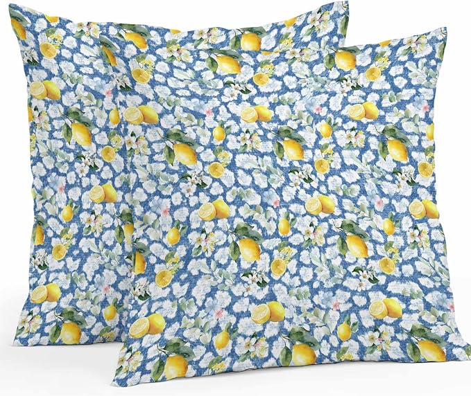 Yukro Summer Lemon Outdoor Waterproof Pillow Covers Pack of 2, Yellow Fruit White Flowers Country Plant Blue Throw Pillowcases Decorative Cushion Covers for Garden Patio Tent Sofa Couch, 16x16 inch