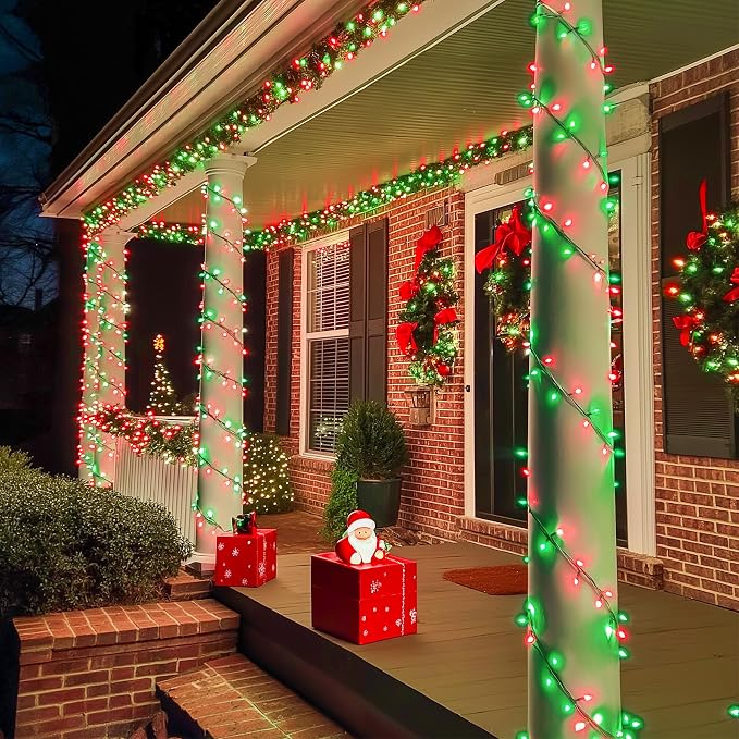 JMEXSUSS 600 LED Christmas String Lights Outdoor, Red White and Green | Christmas Tree Lights Clear Wire, Halloween Lights Plug in for Outside Tree Xmas Decorations, Remote with Timer, 8 Modes