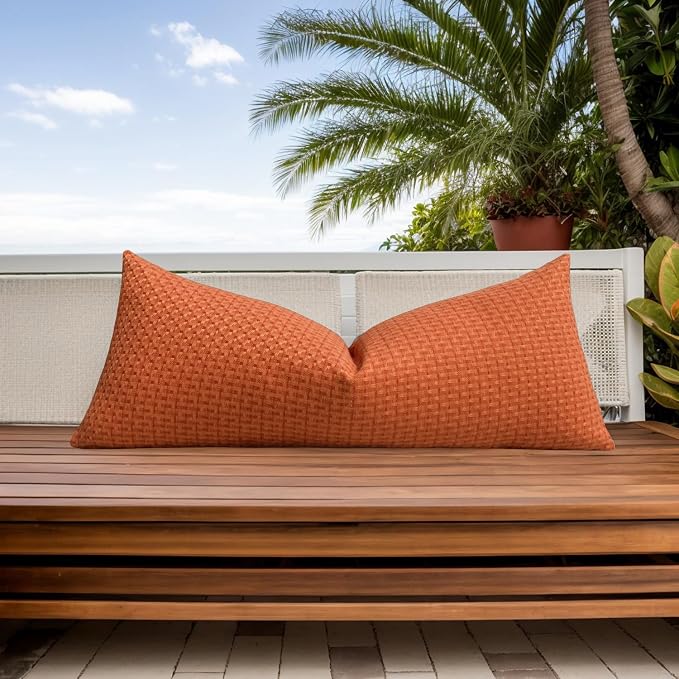 Kevin Textile Outdoor Waterproof 14"x36" Pillow Cover 1 Pack, Burnt Orange | Water Resistant Weaving Faux Linen Texture Throw Pillow Covers, Outside Decorative Pillowcases for Garden Patio Balcony Couch