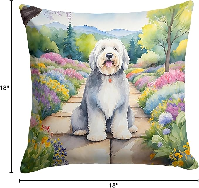 Caroline's Treasures Old English Sheepdog Spring Path Throw Pillow Machine Washable, Indoor Outdoor Decorative Pillow for Couch, Bed or Patio, 18Hx18W