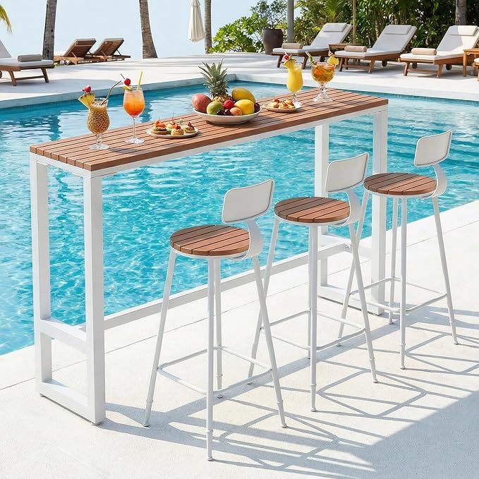 Outdoor Bar Table Weather Resistant, Wood Counter Height Bar Table Rain Sun Protection, Extra Long High Top Table 47.2"-102.4", for Patio, Garden, Yard, Balcony, Poolside(White,55.1"x15.7"x40.5")
