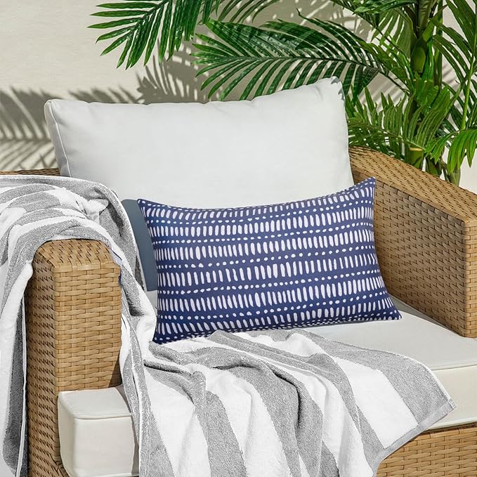 Pack of 2 Outdoor Pillows, 12x20 Outdoor Lumbar Pillows Waterproof | Outdoor Throw Pillows with Inserts, Fluffy and Supportive, Decorative Pillow for Patio and Garden, Pebble Dark Blue