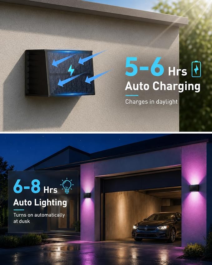 Solar Wall Lights Outdoor, Color Changing, 1 Pack | IP65 Waterproof Up and Down Wall Lighting, Solar Outdoor Light Decorative for Porch, Garage, Doorway, Patio, Fence
