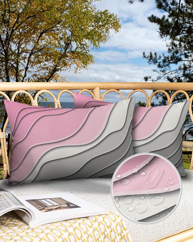 Outdoor Waterproof Pillow Covers for Patio Furniture Pink Modern Geometric Decorative Throw Pillow Cover Abstract Beach Pillowcases Set of 2 Cushion Case for Sofa Couch Chair Home Decor 20 x 12 Inches
