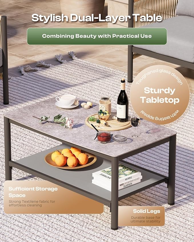 Aluminum Outdoor Patio Furniture Set with Dual-Layer Coffee Table, 5 Piece Modern Patio Conversation Sets with PE Rope, Outdoor Sectional Sofa with Thick Cushions for Balcony, Yard, Gray