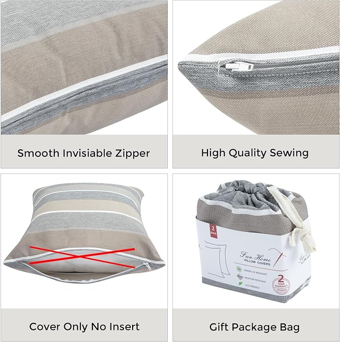 FUNHOME Waterproof Outdoor Throw Pillow Covers Set of 2,Home Decor for Garden Patio Furniture,Couch,Sofa 18 x18 Inch Decorative Pillows Cover Only,NO Insert(Gray Stripe)
