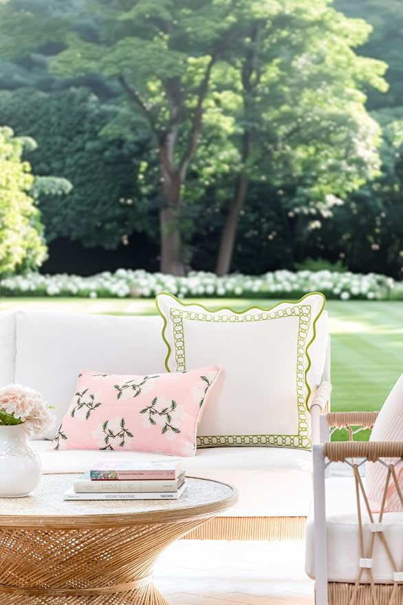 Hofdeco Premium Coastal Patio Indoor Outdoor Lumbar Pillow Cover Only, 12"x20" Water Repellent for Backyard, Couch, Blush Pink Print Hydrangea Flower