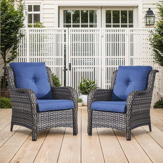 Belord High Back Patio Chairs Set of 2 - Gray Wicker Outdoor Seating, 4" Wide Armrests Rattan Outdoor Club Chairs with Blue Removable Cushion for Deck Porch Backyard