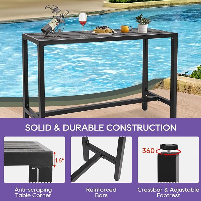 Outdoor Bar Table, 55" Black Patio Counter Height Bar Table, Outdoor Console Table with Weather Resistant Waterproof Top for Hot Tub, Balcony, Garden, Yard, Poolside,Black (Black, 55")