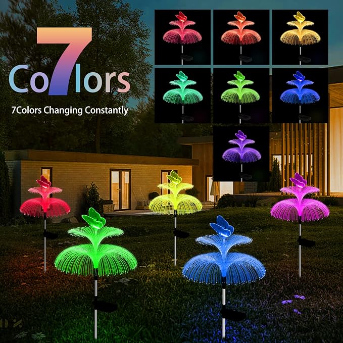 Weepong Solar Garden Lights Waterproof 3 Pack Solar Lights Outdoor Decorative 7 Color Changing Double Jellyfish and Butterfly Flower Garden Decor Yard Christmas Pool Outdoor, Gifts for Mother's Women
