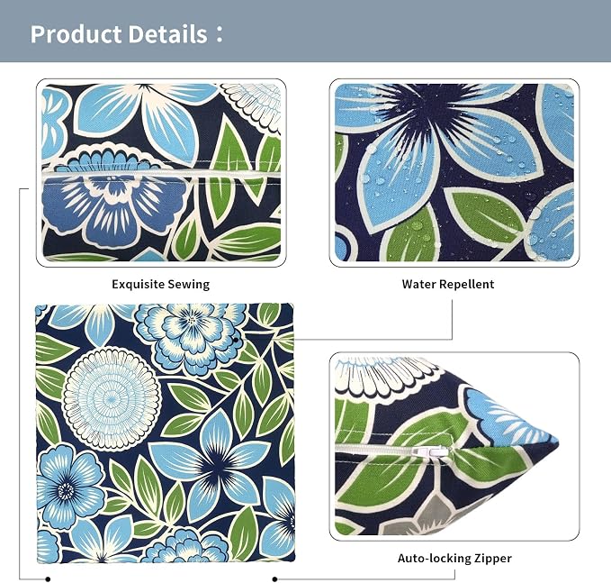 Outdoor Throw Pillow Covers 18x18 Inch, Decorative Pillow Covers for Patio Furniture, Azure Botanical Symphony Modern Cushion Cases for Garden Couch Home Sofa, Pack of 2