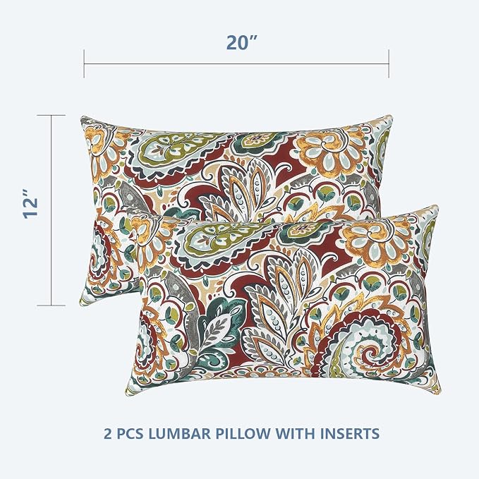 LVTXIII Outdoor/Indoor Lumbar Pillows, Decorative Patio Lumbar Cushions, Fluffy Fade Resistant Throw Pillow Cushions for Home Patio Coach Sofa, 12×20 Inch, Pack of 2, Paisley Chilli
