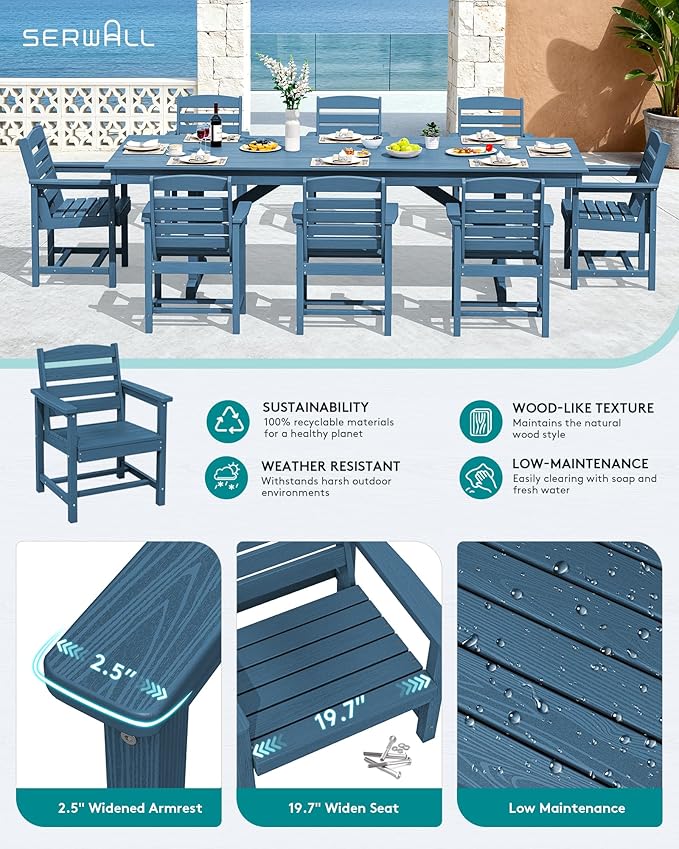 SERWALL Outdoor Dining Chairs Set of 4, All-Weather HDPE Patio Chair with 19.7" Widened Seat, for Backyard, Garden, Blue