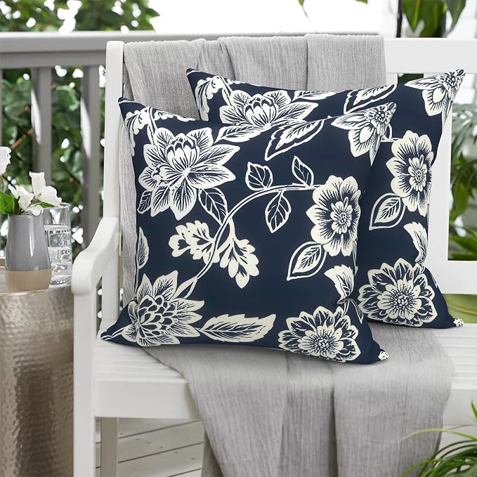 Outdoor 20x20 Inch Pack of 2 Patio Throw Pillow Covers ONLY, Water Repellent Cushion Cases, Square Pillowcases for Couch Decoration, Elegant Vines Navy