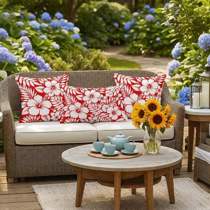Red Hibiscus Flowers Waterproof Outdoor Pillow Covers Set of 2 Home Decor, Tropical Monstera Leaves Pillowcase Patio Pillow Covers for Couch Bench Patio Furniture Garden 26x26in