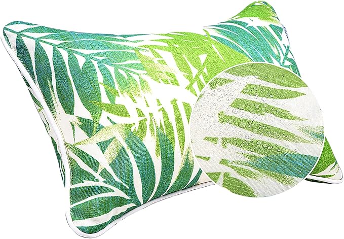 JMGBird Green Outdoor Pillows Waterproof Pillow Covers with Inserts | 12x20 Outdoor Throw Pillows for Patio Furniture, White Green Palm Leaf Decorative Cushions