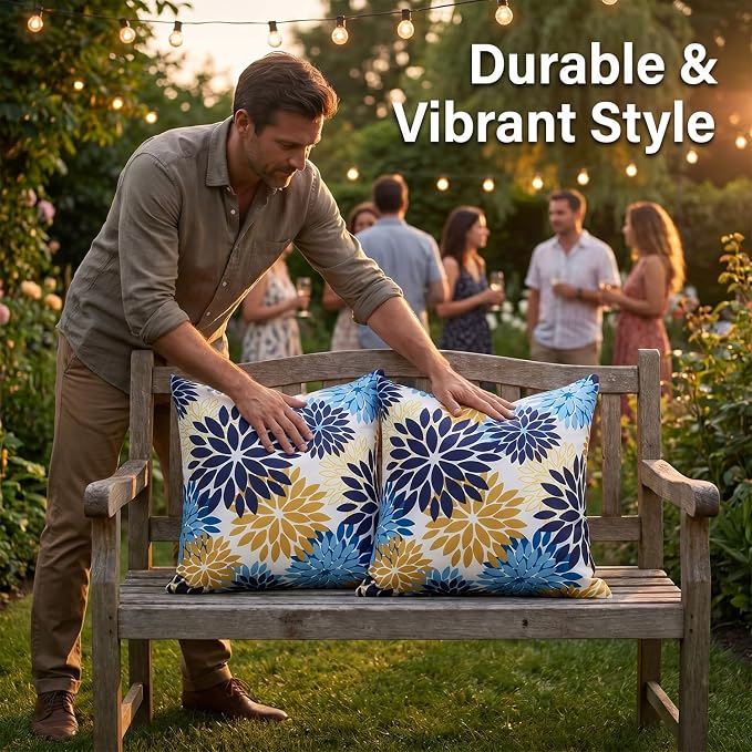 Set of 2 Dahlia Throw Pillow Covers Blue and Yellow Decorative Cushion Covers 16×16 Inches Outdoor Waterproof Pillowcases Blue and Yellow for Living Room Patio Garden