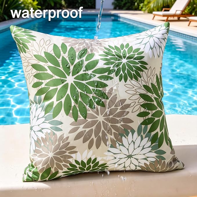 Dahlia Flowers Throw Pillow Covers 12×20 Inches Pack of 2 Outdoor Waterproof Pillow Case Green and Grey Decorative Cushion Covers With Invisible Zipper for Patio Furniture Sofa Garden Living Room