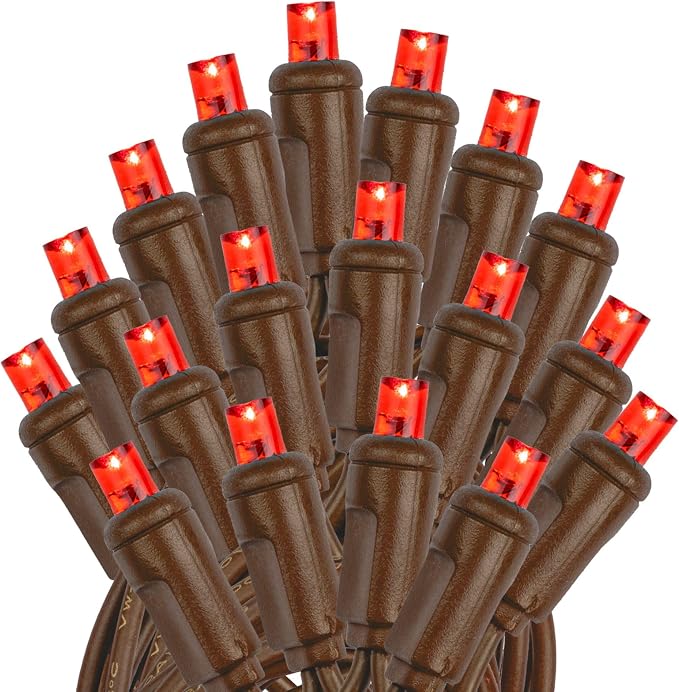 Novelty Lights 34ft 100 LED Red Christmas String Lights, Brown Wire