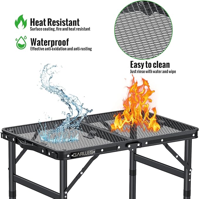 GARLLEN 2ft Folding Grill Table Max Capacity 66lbs, 3-Height Adjustable Folding Camping Table with Heat-Resistant Mesh Tabletop, Portable Aluminum Picnic Tables for BBQ, Outdoor, 22.8" L x 15.7" W