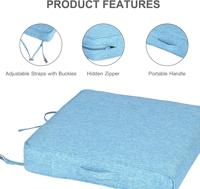 Aoodor Patio Chair Cushions Set of 2, 23 x 26 x 4 Inch Water Resistant Outdoor Seat Cushions with Handle and Ties, Square Corner Cushions for Patio Furniture Garden Lawn, Lake Blue