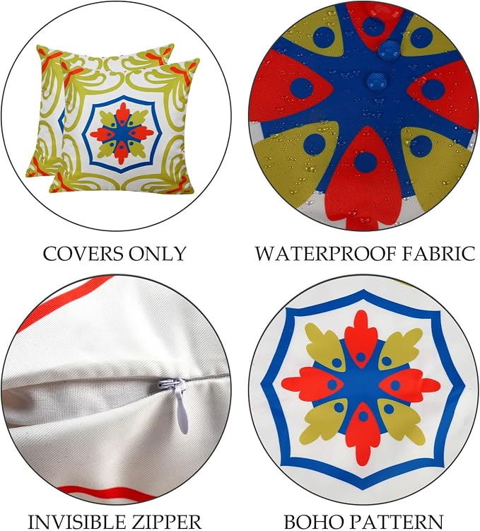 Pyonic Outdoor Pillows Waterproof Throw Pillow Covers Set of 4 Floral Printed and Boho Farmhouse Outdoor Pillow Covers for Patio Funiture Garden 18x18 Inch