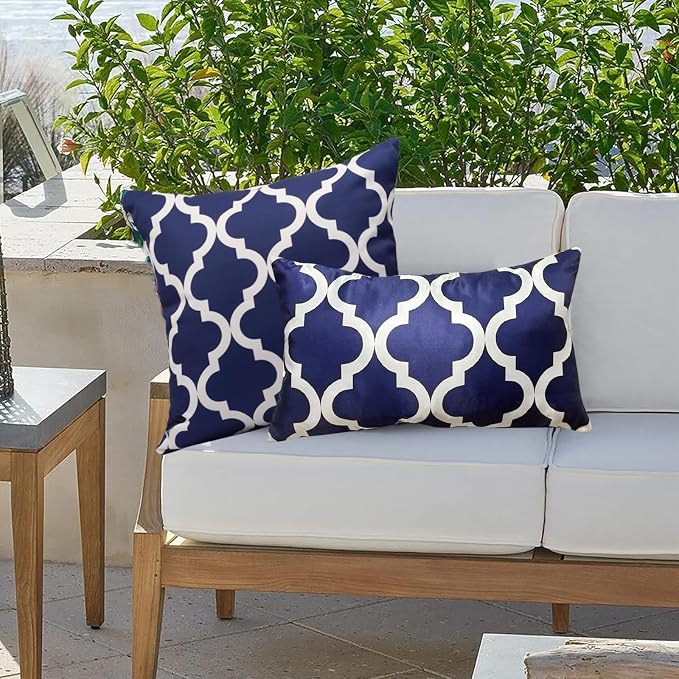 Pack of 2 Waterproof Outdoor Throw Pillows Cover 12x20 Inch Navy Blue and White Throw Pillow Covers Rectangle Pillowcases Outdoor Lumbar Pillows for Patio Furniture Garden (No Pillow Insert)