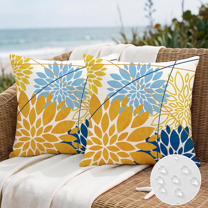 OTOSTAR Outdoor Golden Light Blue Pillow Covers 18x18 Inch Set of 2 Dark Blue Flower Throw Pillows Geometric Dahlia Floral Square Cushion Case Waterproof Decor for Sofa Patio Funiture Garden