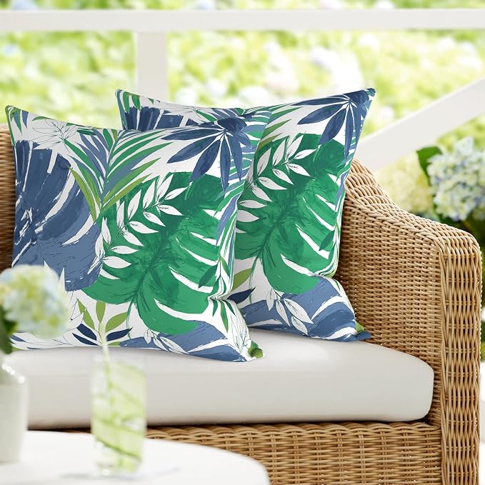 DYTXIII Pack of 2 Waterproof Outdoor Pillow with Inserts, 18x18 Square Patio Decorative Throw Pillow for Home,Sofa,Bench and Patio Furniture,Islamorada Blue Green