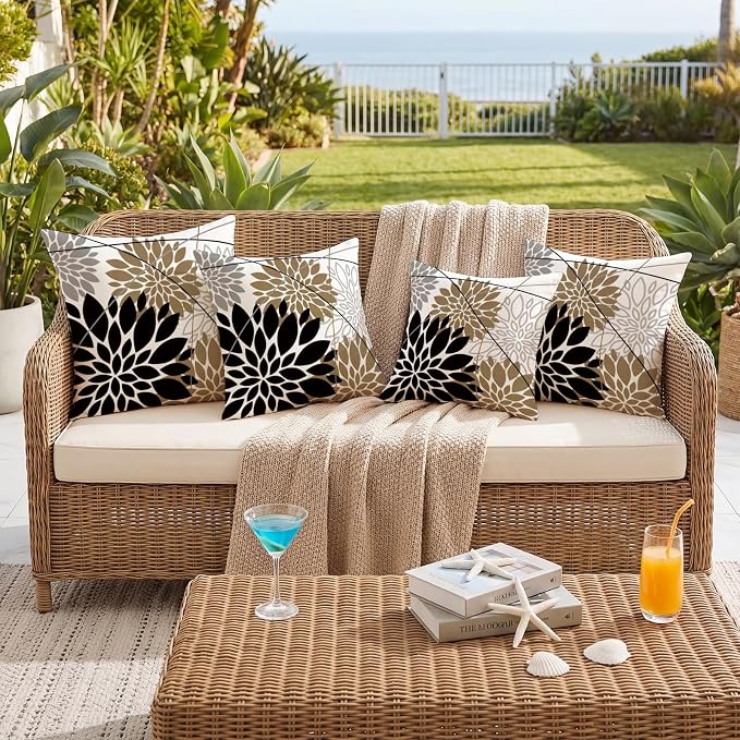 OTOSTAR Outdoor Black Brown Pillow Covers 20x20 Inch Set of 2 Light Brown Flower Throw Pillows Farmhouse Geometric Dahlia Floral Square Cushion Case Waterproof Decor for Sofa Patio Funiture Garden