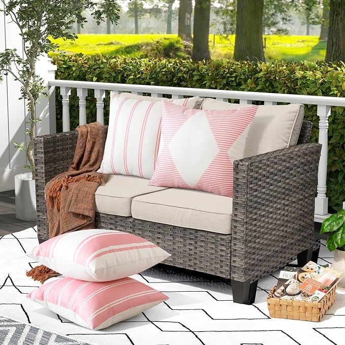 OTOSTAR Outdoor Waterproof Decorative Throw Pillow Covers 20x20 Inch Geometry Pillow Cases Square Cushion Case Garden Pillow Covers Pillows Shell for Patio Furniture Couch Tent Balcony Set of 4 (Pink)