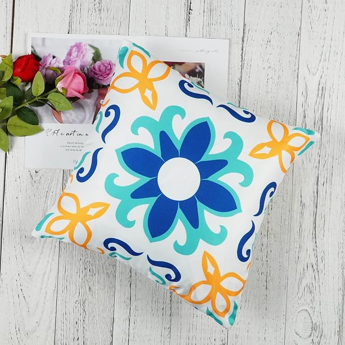 ONWAY Outdoor Boho Pillow Covers Waterproof 18x18 Set of 4 Floral Farmhouse Decorative Outdoor Throw Pillows for Bench Couch Patio Furniture Decorations