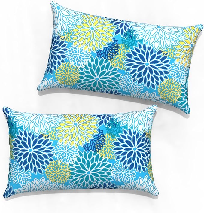 Outdoor Lumbar Pillow Covers 12”x20”, Rectangle Throw Pillow Covers for Patio Furniture, Decorative Lumbar Cushion Case for Garden Balcony Couch Office Chair, Pack of 2, Dahlia Blue