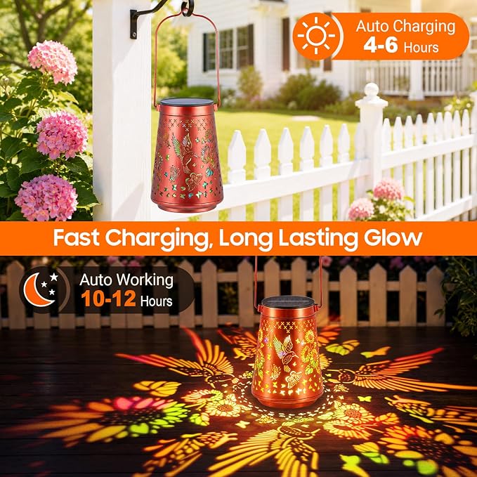 2 Pack Solar Lanterns Outdoor Waterproof Birthday Gifts for Women Mom | Colorful Hollow Metal Sunflowers Butterflies Hummingbirds Lantern, 2 Modes Hanging Solar Lights for Gardens, Patios Decor