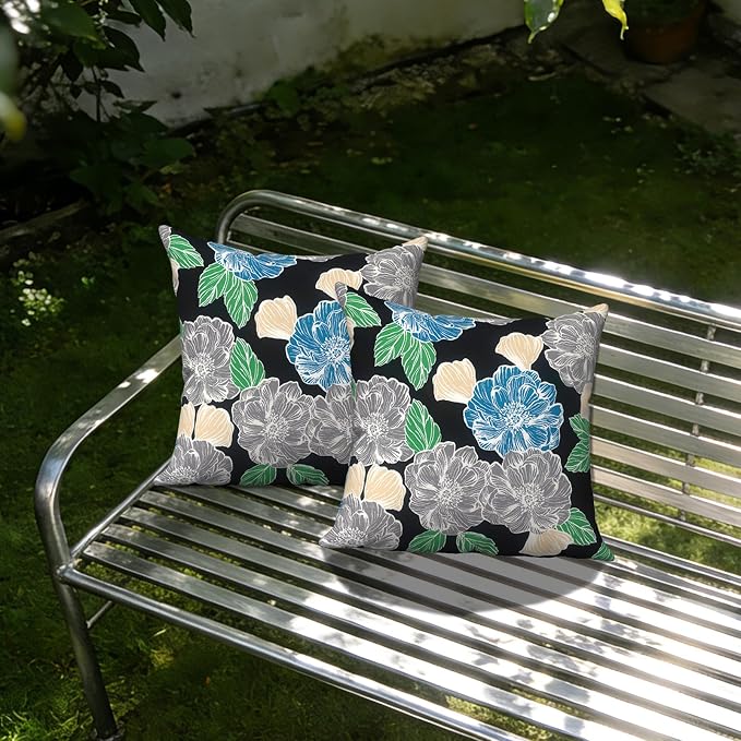 Outdoor Pillows with Insert 18x18 Inch, Waterproof Throw Pillow for Patio Furniture, Decorative Back Cushion for Garden Home Sofa Office Chair, Set of 2, Peony Garden