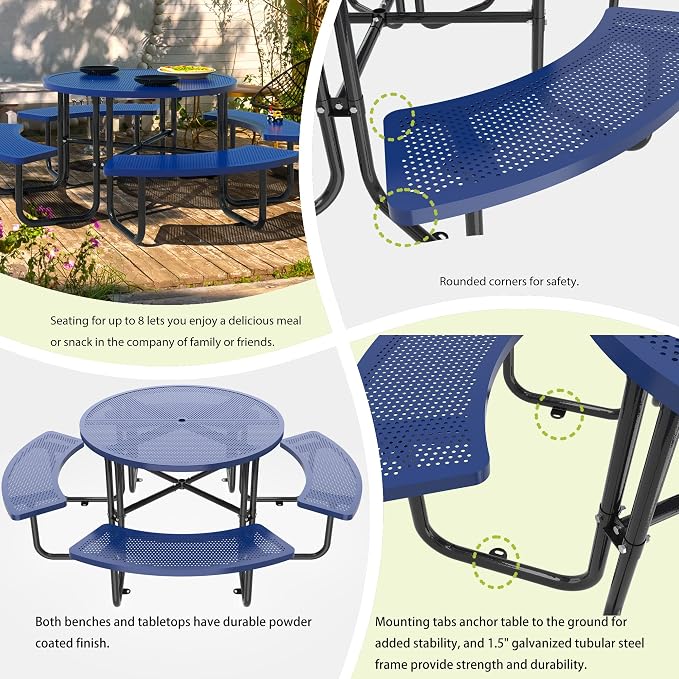 46 Inch Round Metal Picnic Table with 1.78" Umbrella Hole, All Weather Rust-Proof Metal Frame, Mesh Tabletop, Seats Up to 8 People, Easy Assembly for Patio, Backyard, Camping & BBQ, Blue