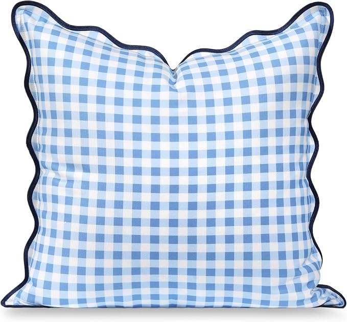 Hofdeco Premium Coastal Hampton Scalloped Patio Indoor Outdoor Throw Pillow Cover Only, 20"x20" Water Repellent for Backyard, Couch, Poolside, Azure Blue Navy Print Gingham