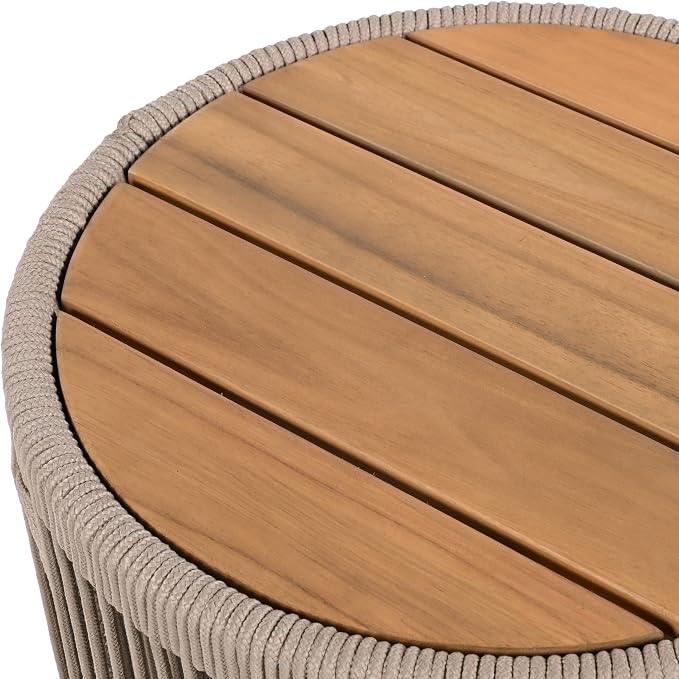 Christopher Knight Home Peyz Acacia Wood Outdoor Side Table Set of 2 with Woven Rope Design, Patio Round Coffee Table Set with Small Side Desk, Functionality Stylish 2 Tables for Garden, Teak + Beige