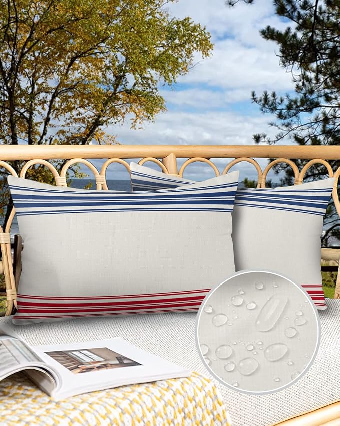 Outdoor Waterproof Pillow Covers Set of 2, Independence Day Flag Day Blue Red Stripe Vintage Patio Throw Pillow Covers, Decorative Cushion Case for Couch Sofa Furniture Garden, 20x12 Inch