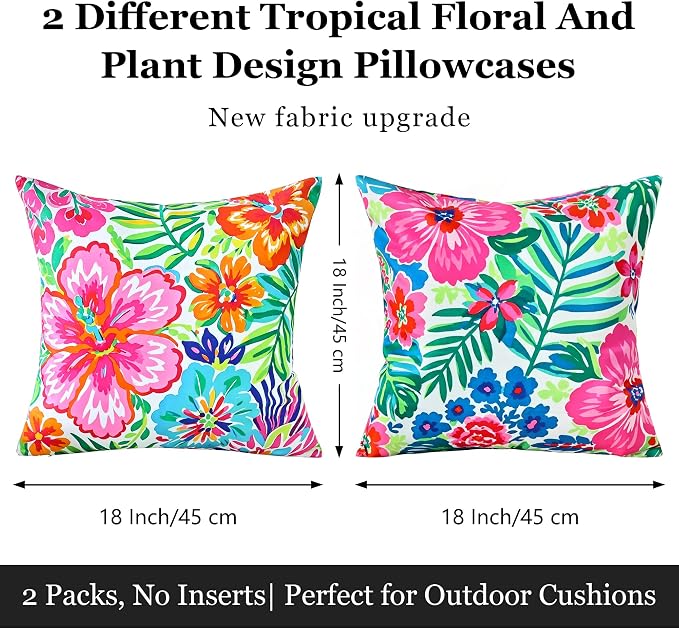 Outdoor Pillow Covers 18x18 Inch Set of 2 Tropical Floral Plants Boho Throw Pillows Cases Waterproof Square Garden Cushion Sham for Patio Funiture Tent Balcony Bench Sofa Couch